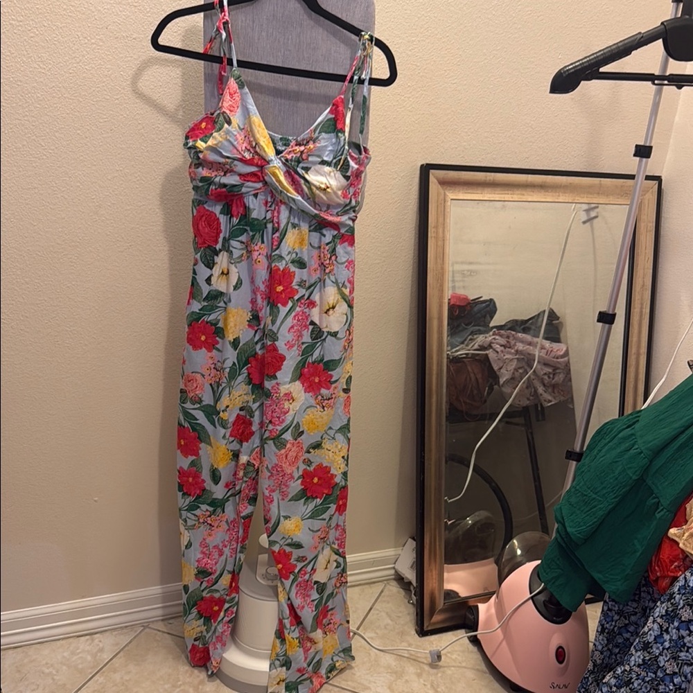 Old Navy Red and Pink Floral Jumpsuit with Sweetheart Neckline - Picture 2 of 3